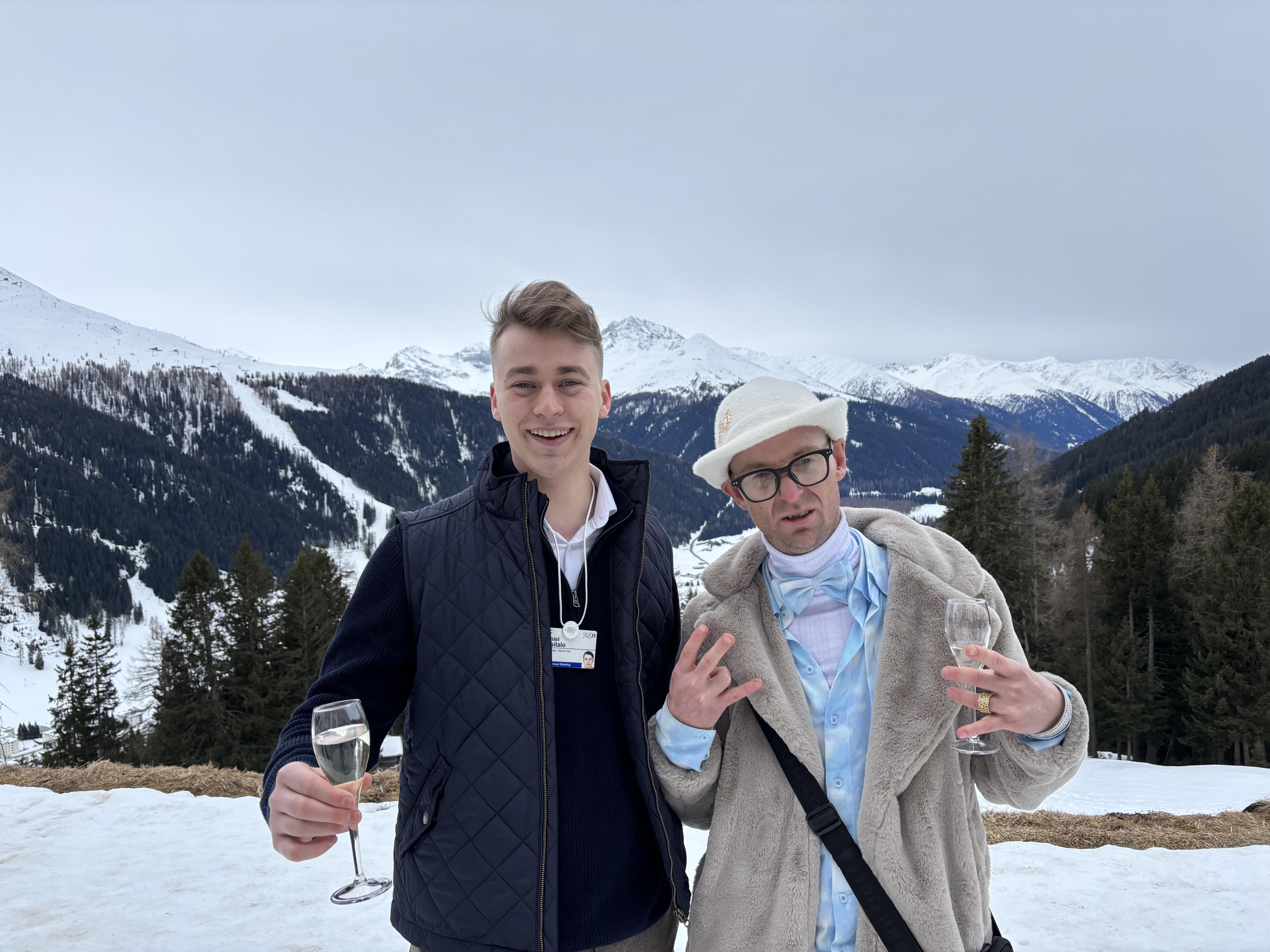 Daniel Uusitalo with Frej Larsson on the mountainside at the World Economic Forum Annual Meeting 2025 in Davos, Switzerland